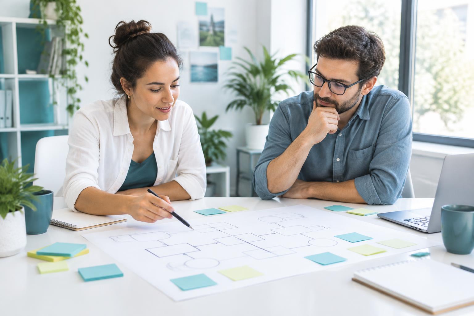 Colleagues reviewing a workflow together