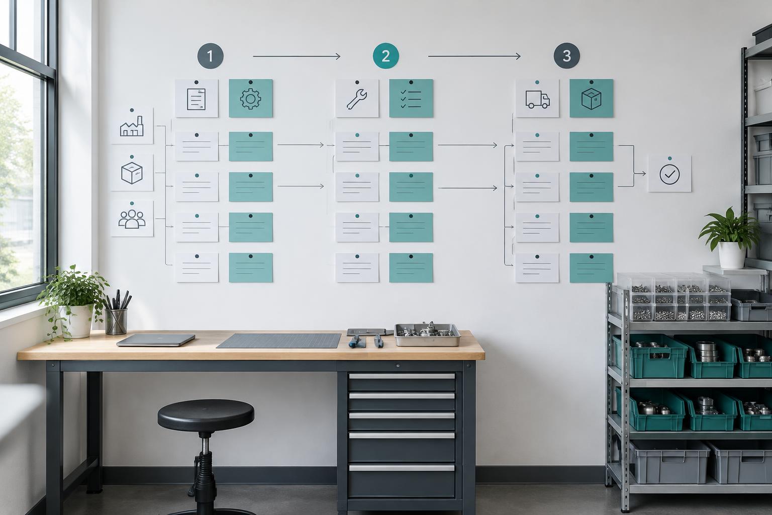 A workflow planning wall in a workshop office